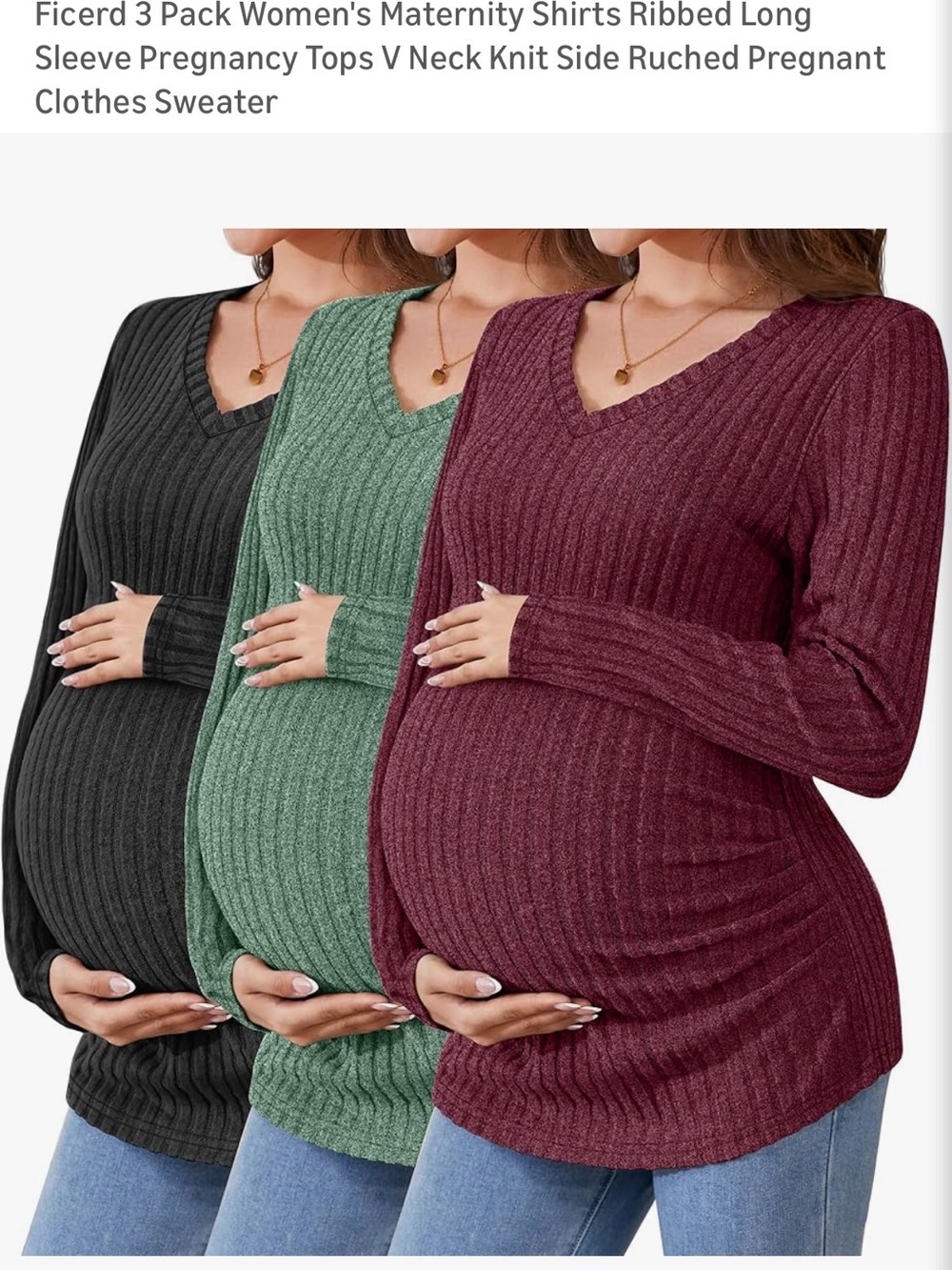 Ribbed V-Neck Maternity Sweater - Black, Green, Burgundy. Size M.
